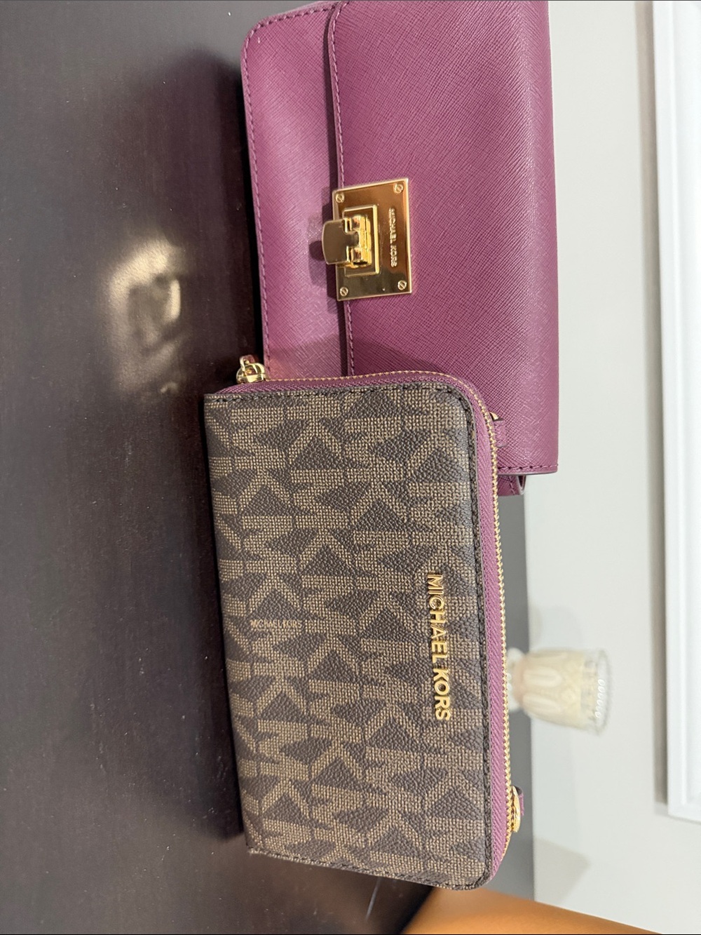 Michael Kors Pink Leather Clutch with Brown Logo Zip Wristlet